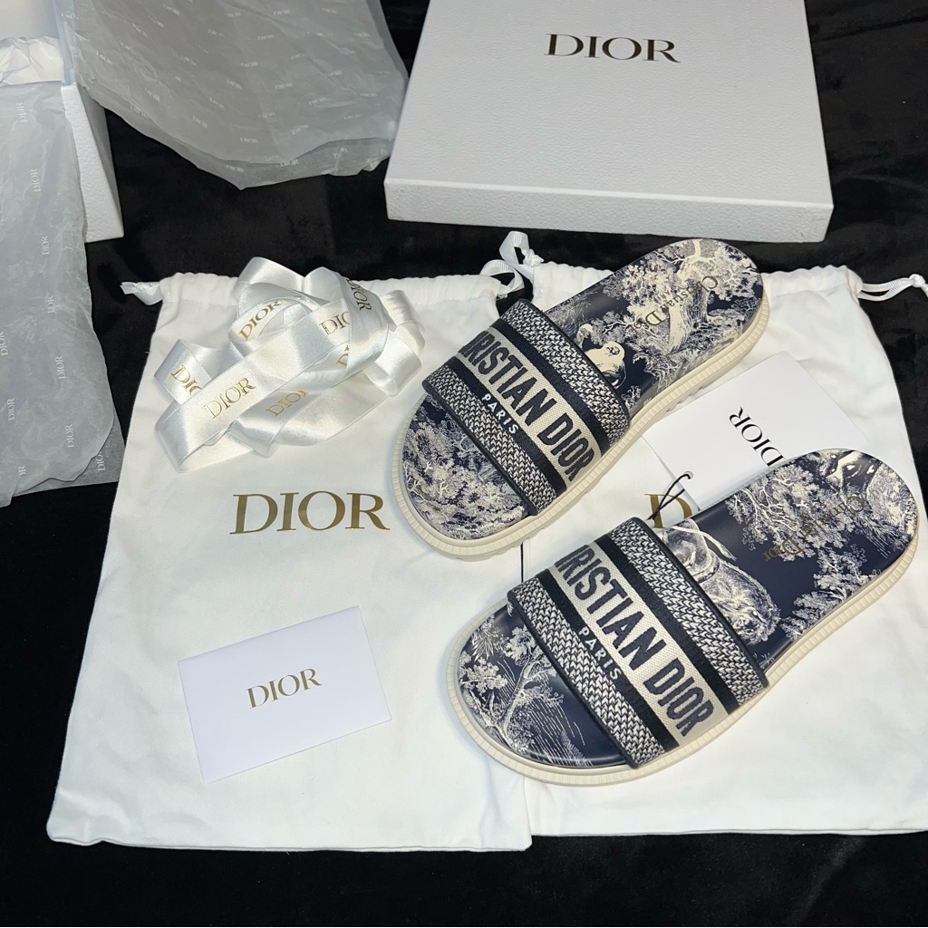 Christian Dior Dway Slides Blue Toile De Jouy Embroidered Size 37
